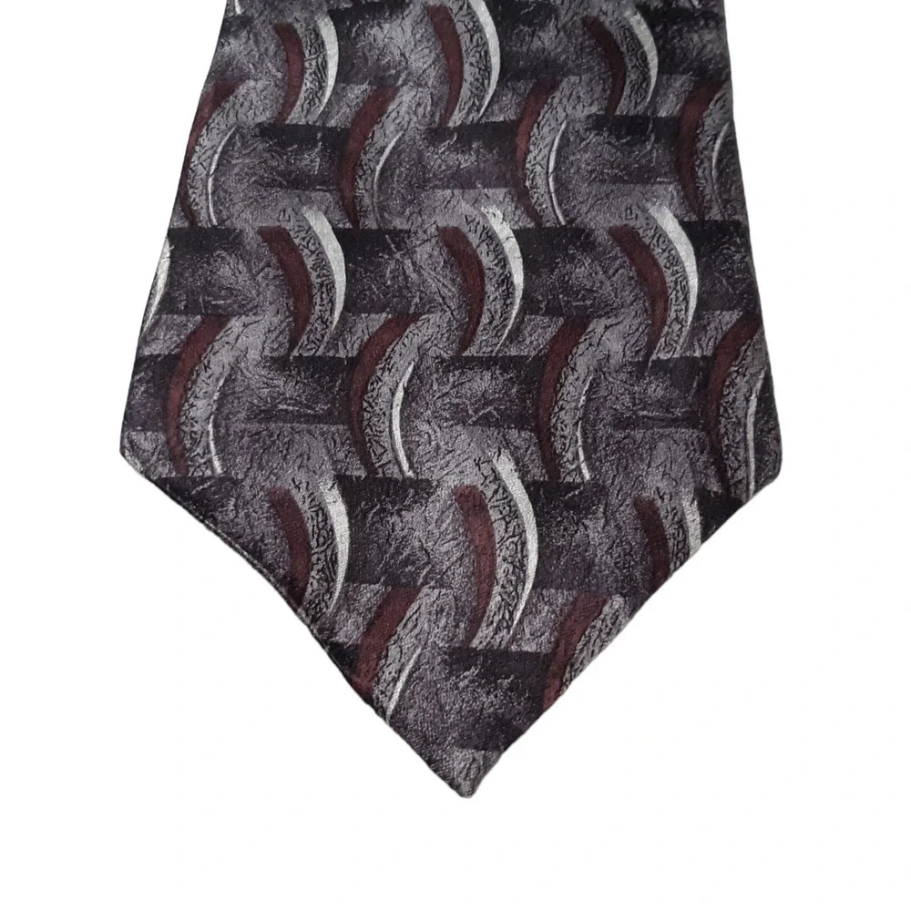 VTG Pierre Cardin Necktie Mens OS‎ Grey Black Burgundy Silk Geometric Abstract